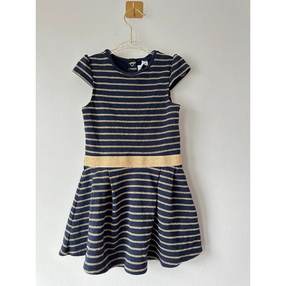 Petit Bateau Girls Navy Gold Stripe Dress 4Y 104 Sailor Nautical Party